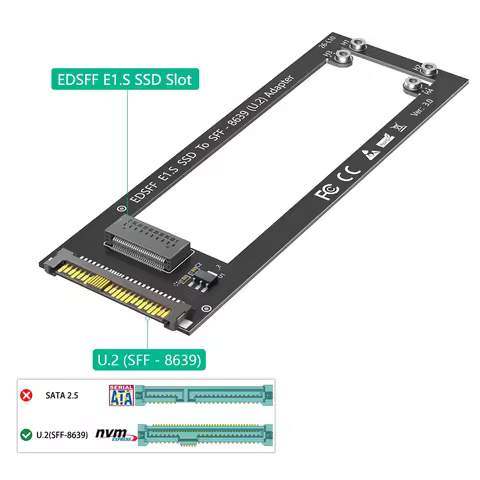 U.2 SFF-8639 to NVMe Ruler 1U GEN-Z EDSFF Short SSD E1.S Carrier Adapter for 9.5mm/15mm/25mm E1.s DC