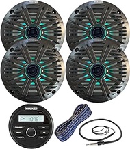 Kicker Weather-Resistant Gauge Style Bluetooth Marine Digital Media Receiver Bundle Combo with (Qty 4) 6.5" 2-Way 195W Max Coaxial Marine LED Speakers w/Charcoal Salt Water Grilles, Wire, Antenna