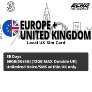 3UK 30 Days 10GB/30GB/60GB/Unlimited4G/5G Data Local Europe/UK Plug An