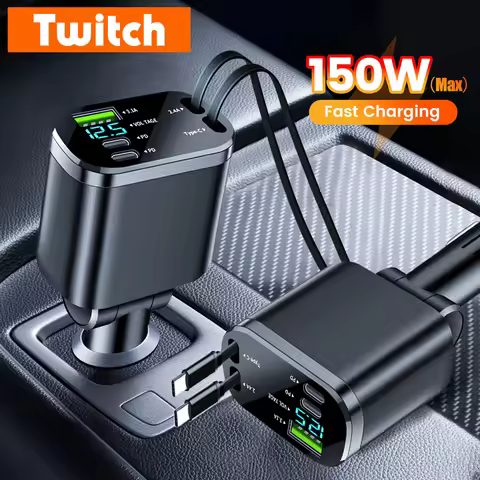 150W USB Type C Car Charger Fast Charging With Retractable Dual Type C Cable Car Phone Charger Adapt