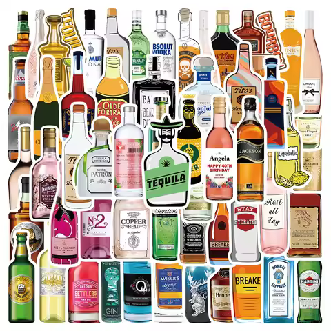 56pcs Alcohol Tequila Beer Bottle Stickers For Laptop Phone Luggage Guitar Motorcycle Car Helmet Wat