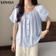 VONDA เสื้อแขนพองลายทางมีกระดุมเสื้อผู้หญิงแขนสั้นเสื้อคอลูกเรือแฟชั่นวันหยุดของผู้หญิง (ลำลองเกาหลี)