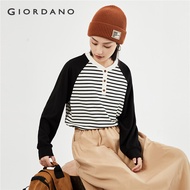 GIORDANO Women T-Shirts Raglan Sleeve Half Button Loose Tee Henley-Neck Stripe Simple Fashion Casual