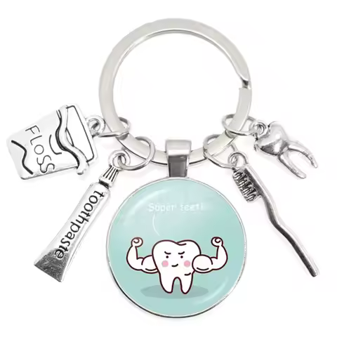New Creative Cute Cartoon Teeth Pattern Dentist Medal Keychain Children's Gift Glass Gem Pendant Key