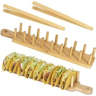 Upriver 2 Pcs Bamboo Taco Holder with 2 Tongs Each Holds 8 Soft or Hard Shell Tacos Multipurpose Tac