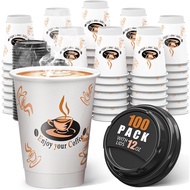 Qunclay 100 Pack 12 oz Double Wall Disposable Paper Coffee Cups with Lids, Insulated To Go Coffee Cu