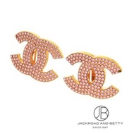 Chanel vintage香奈兒復古超美粉色水鑽金色cc古董夾式耳環 耳釦