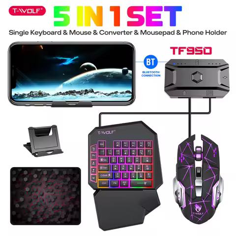 T-WOLF Gaming Keyboard Mouse Converter 5 In 1 Set Mobile Game Controller for PUBG Mobile Phone Table