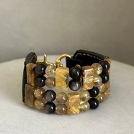 義大利油革黑色 | 雙排鈦金花石 | 銀曜石水晶手環