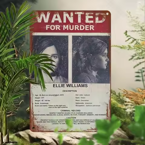 "Vintage Wanted for Murder Ellie Williams Sign - Premium Aluminum, UV Printed, Waterproof. Ideal for