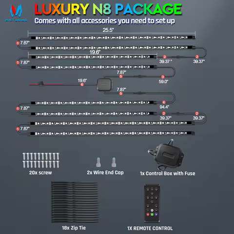 MICTUNING N8 Car Underglow Light Bar Kit, RGB+IC LED Light Strips With Wireless App & Remote Control