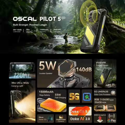Blackview Oscal Pilot 5 5G Rugged Phone 8GB+256GB 6.67'' Android 16 UMS9620 T8100 15000mAh NFC 5G Sm
