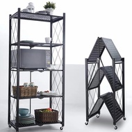 ∋☏3/4/5 Layer Folding Racks Kitchen Supplies Foldable Steel Shelf Racks With Wheels