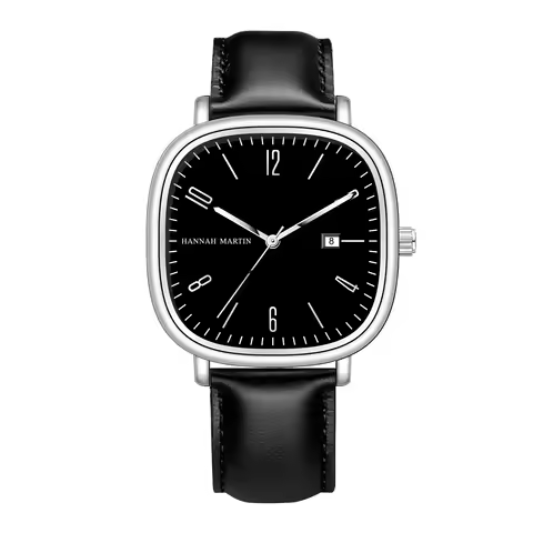 Hannah Martin Brand Men Watch 3Bar Waterproof Black Leather Square Quartz Movement Business Clock Ca
