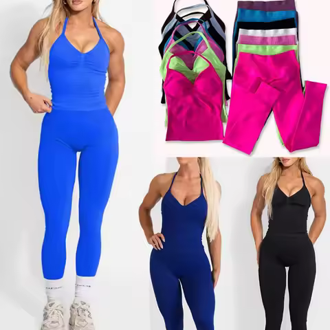 D LOg0 Women Halter V Neck Yoga Set 2 PieceOutfit High Waist Leggings Sports Crop TopGym Workout Fit
