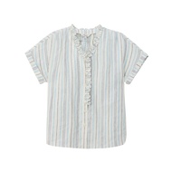 เสื้อเชิ้ตคอวีแขนสั้นผ้าลินินสีลายทาง ทรงหลวม แขนกระดิ่ง คอลเลกชั่นฤดูใบไม้ผลิ 2025 แบรนด์ Nice Peop