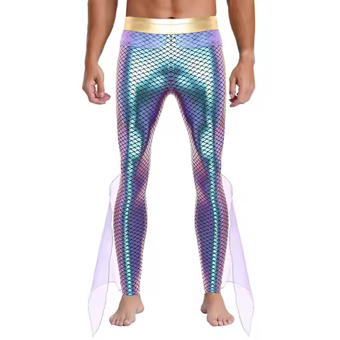 Men Poseidon King of The Sea Costume Mermaid Pants Metallic Shiny Fish Scales Print Mesh Leggings fo