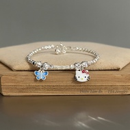 Vòng tay bạc Charm Mèo Hello Kitty + Cánh Bướm cho bé gái 5-6-7-8-9-10 tuổi - Vòng bi chạm sáng lấp