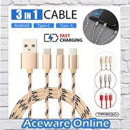 TREQA 1.25m 3.1A Fast Charging Data Cable for Android Type-C Type-A 3 in 1 Charger USB Cable Mobile 