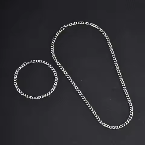 Vnox Stainless Steel 5mm Wide Chain for Men Women Bracelet Necklace Jewelry Set, Silver Color Jewelr