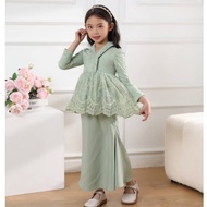 ✲Coolelves Muslimah Kids Kurung Kebaya Baju Raya Budak Perempuan Sedondon 2024 Sage Green Nude♒