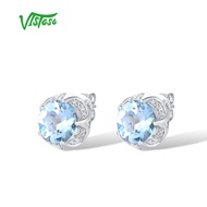VISTOSO 14K 585 White Gold Earrings For Women Sparkling Round Sky Blue Topaz Diamond Stud Earrings A