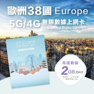Cool Data Sim - 歐洲38國【2GB/日】高速數據 4G/5G Sim Card 上網卡【1日】