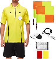 redgino Soccer Referee Kit Pro Soccer Referee Shirt Jersey,Ref Costume Shorts,Coach Whistle,Referee Flags and Cards Umpire Uniform Sport Accessory for Adult Teenager