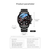 Men Chronograph Sport Watch Luminous 30M Waterproof Black Stainless Steel for Hip Hop