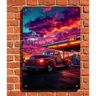 Route 66 Neon Gas Station at Sunset Metal Sign Red Pickup Truck & Glowing Canopy - Retro Highway Nig