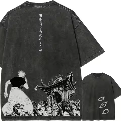 Gojo vs Sukuna T Shirt Jujutsu Kaisen Men Acid Wash Back Print Domain Anime Graphic Cotton Streetwea