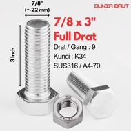 SS316 Stainless Hex Bolt 7/8 X 3 - Hexagon Bolt 7/8X3 SUS316 / A4-70 Full thread