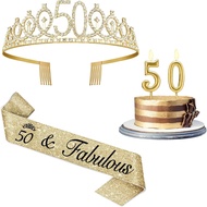 50th Birthday Decorations for Her with 50th Birthday Crown, 50 Sash for Women, Candles Gold, Gifts f