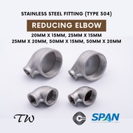 TW Stainless Steel 304 Pipe Fitting Reducing Elbow - 20x15mm, 25x15mm, 25x20mm, 50x15mm, 50x20mm