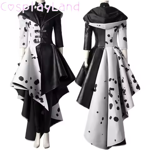 Cruella Costume Cosplay Evil Queen Black White Evening Party Dress Fashion Emma Magic Halloween Oufi