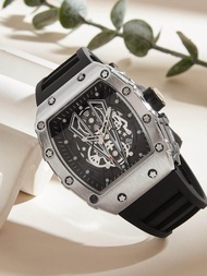 Jam Tangan Pria LeGrand RM-27 dengan Tali Karet Merah dan Desain Mekanis Terbuka.