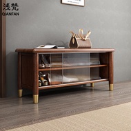 浅梵日式家用实木鞋柜坐凳一体可坐式鞋架换鞋凳衣帽架子可推拉玻璃门 胡桃色80cm长-不带衣帽架