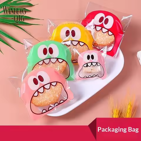 Hot Sale 100PCS Cute Cartoon Monster Cookie Candy Self-Adhesive Plastic Cookie Bags Supplies Christm