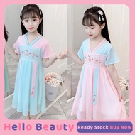 Embroidery Chinese Style Dress for Kids Girl Sale Gown 3-13y Teens Summer Short Sleeves Chiffon Clot