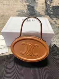 Celine 圓餅包 化妝包 手提包 大logo凱旋門浮雕橢圓形 黃褐色