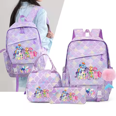 3Pcs My Little Pony Fish Scale Kids Backpack With Mermaid Pendant Lunch School Bag Children Schoolba