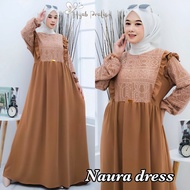 Naura Dress - Gamis Crinkle Premium Kombinasi Brokat Malika Terbaru Gamis Ukuran All Size Gamis Elegan Kekinian