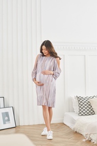 Minirin M44 Open shoulder pleat dress ชุดคลุมท้อง ชุดให้นม ชุดคลุมท้องแฟชั่น ชุดให้นมแฟชั่น