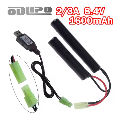 2/3A 8.4v 1600mAh NiMH Battery Pack with Mini Tamiya Connector And USB Charger for Airsoft Guns M4,