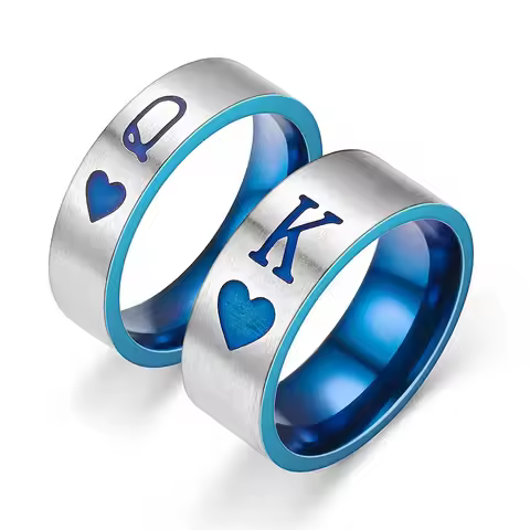 8MM Unique Q K Print Stainless Steel Rings For Women Men Matte Blue Color Couple Rings Engagement We