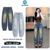 Women's ripped baggy jeans with elastic waistband Bigsize 55kg-90kg, stone-pressed ripped knee pants