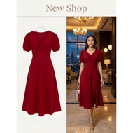 Red Dress Cuffed Sleeves Square Neck Set Length=44