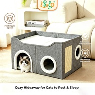 LDECO Foldable Cat House with Scratching Board | Kitten Tunnel Villa | Semi-Enclosed Cat Bed