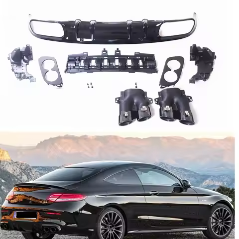 C43 Style Rear Bumper Diffuser Lip+Black Exhaust Muffler Tip Pipe Kit For Mercedes-Benz W205 C Class