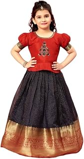 Kids, Red Art Silk Jecquard South Indian Style Pavdai Pattu Lehenga Choli for Kids, From 2-14 Years